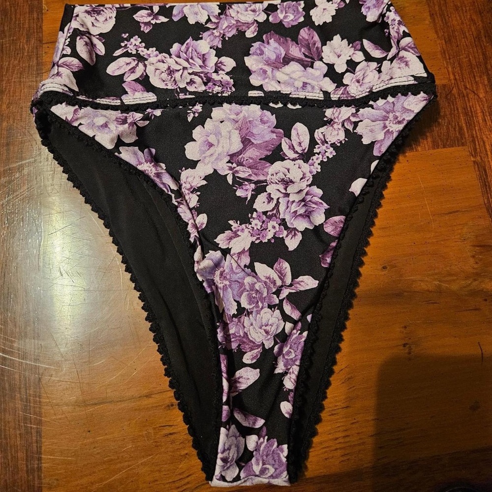 Free People Black & Purple Floral High-Waist Bikini Bottoms